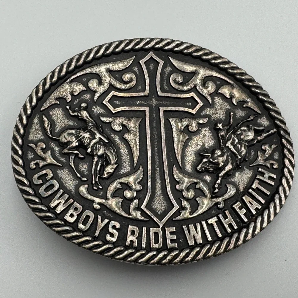 Cowboys Ride With Faith‎ Western Belt Buckle Silver Tone Cross Rodeo Bull Rider
